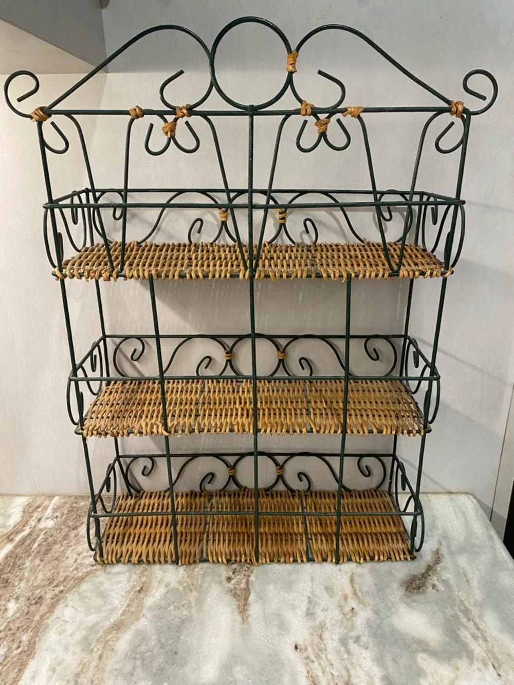 Vtg 3-Tier Metal Wicker Wall Shelf Boho Spice Rack